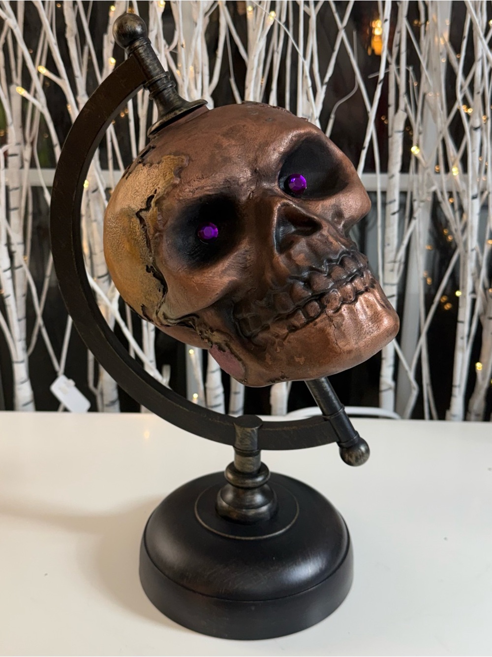 Haunted Living 14” Distressed Copper Skull Globe Custom Glowing Purple Eyes NWOT